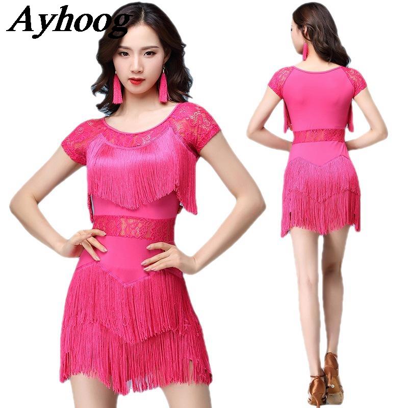 Robe de danse latine sexy pour femmes, avec empiècements en maille et franges, robe courte pour compétition de danse de salon pour adultes, tenue dynamique à franges