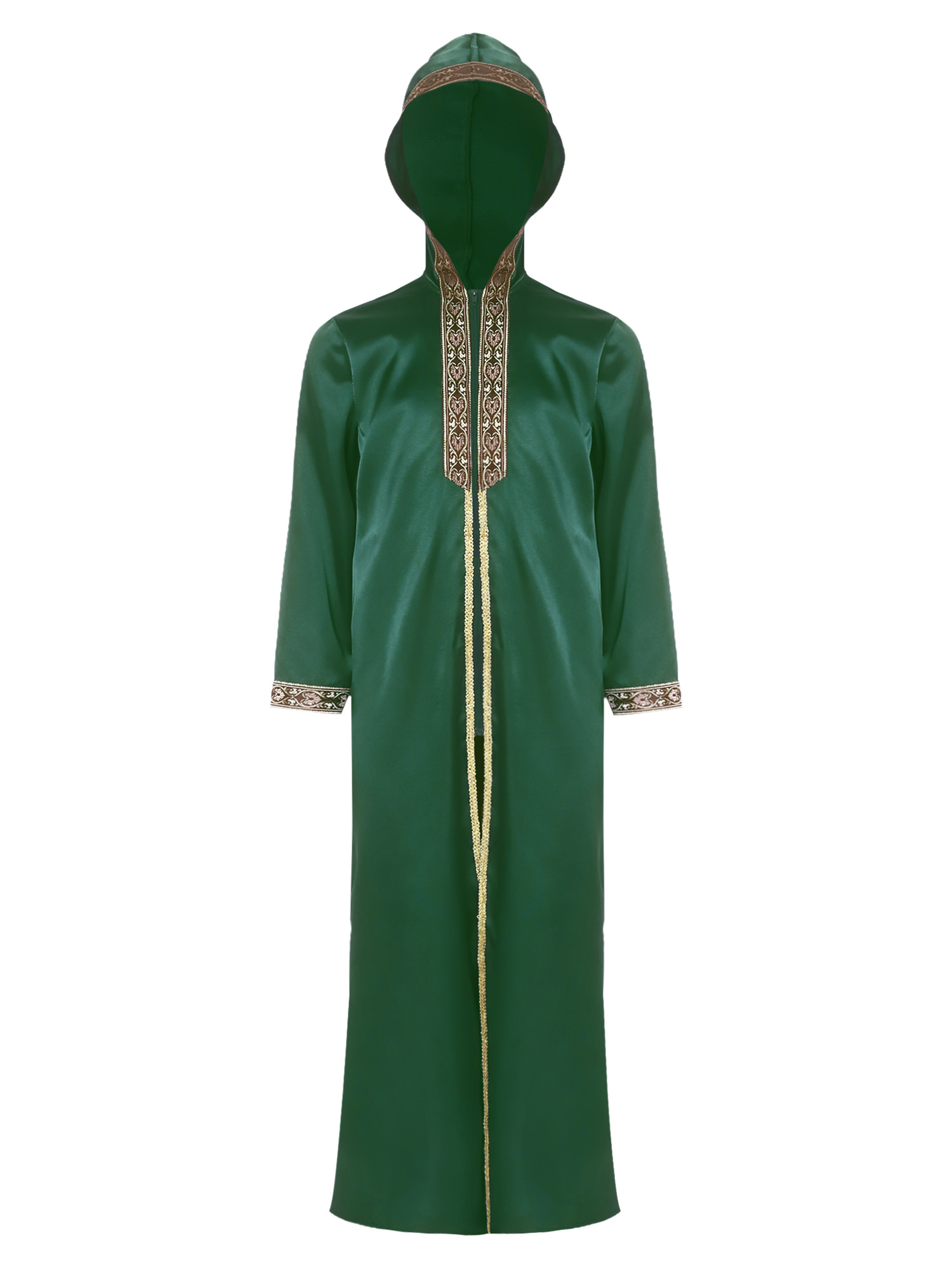 Robe arabe musulmane pour garçons, à capuche, manches longues, fermeture éclair, ruban tressé brodé doré, costume du Ramadan