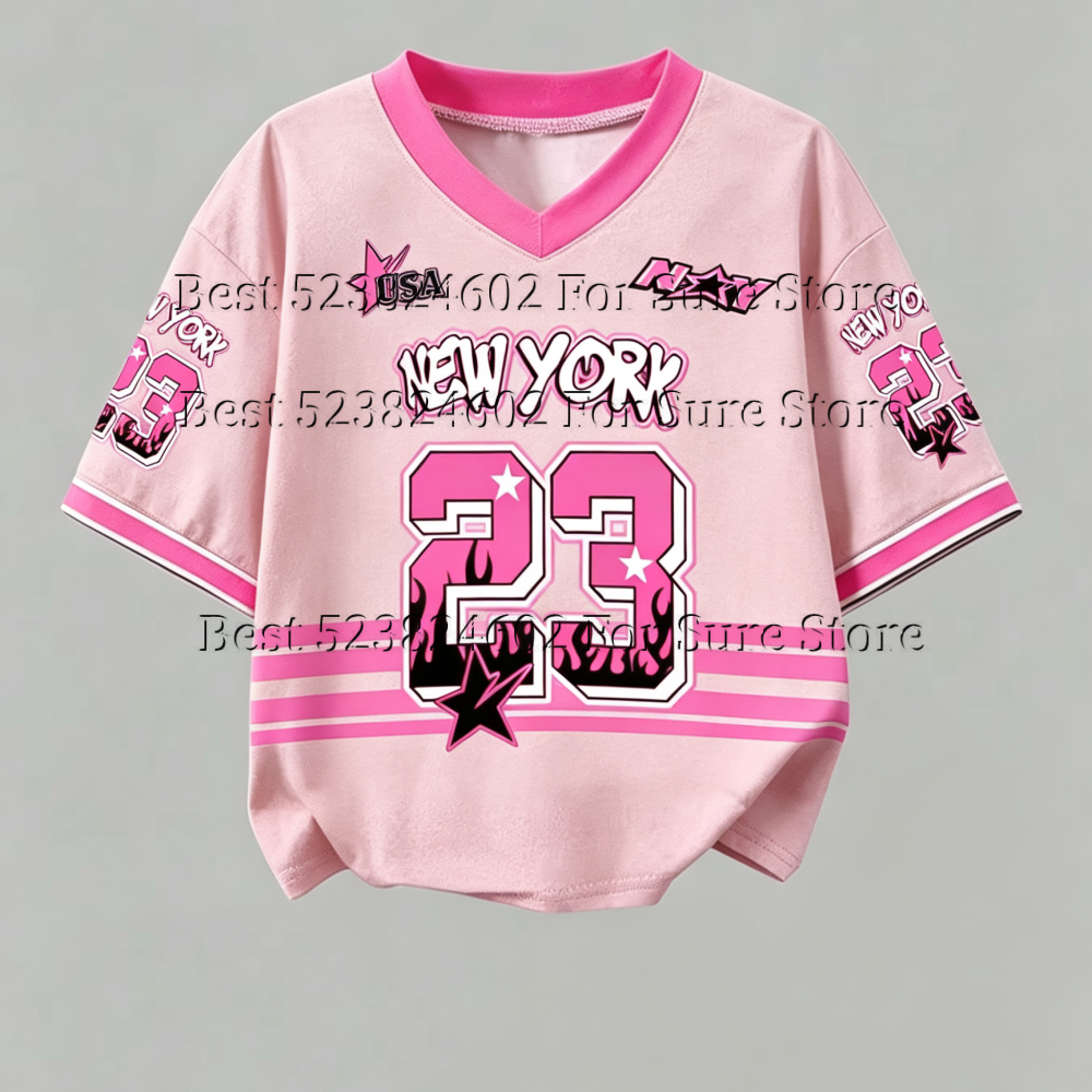T-shirt court vintage rose et noir contrastant pour femme, motif New York 23, col en V, style Y2K Hip Hop Street, décontracté, été