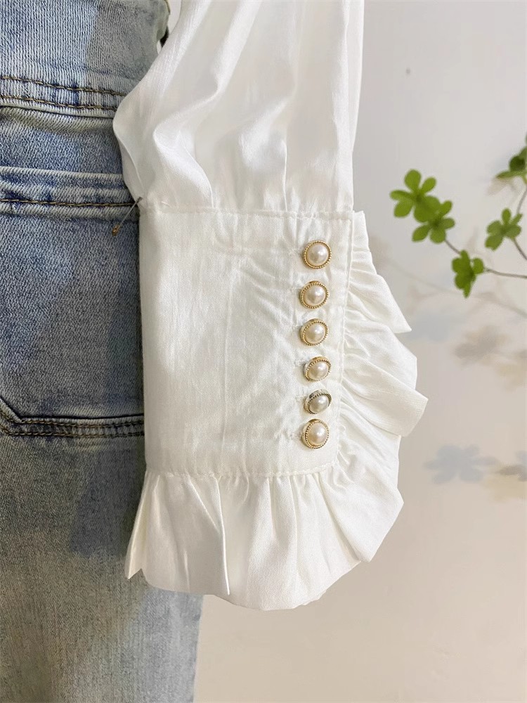 Chemise en mousseline de soie à volants blancs pour femmes, chemises à manches longues, tempérament féminin, col rabattu, chemise en Tencel, Y2K, printemps