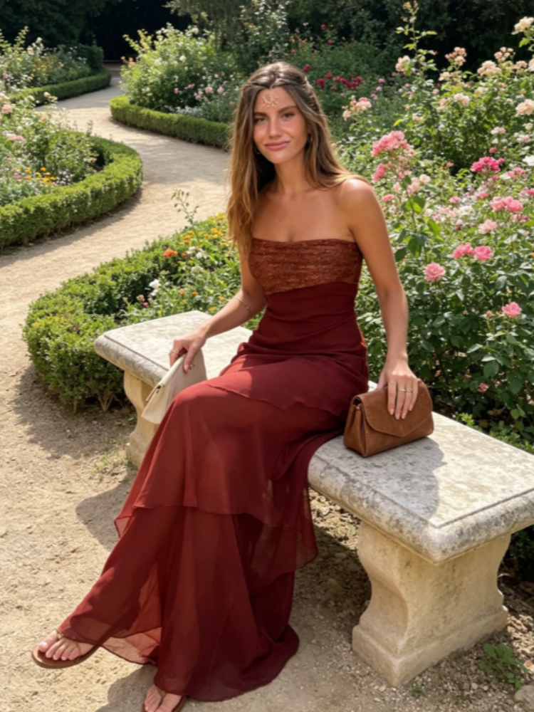 Robe longue asymétrique en mousseline unie pour femme, élégante, à taille cintrée, superposée, nouvelle collection été, pour le quotidien