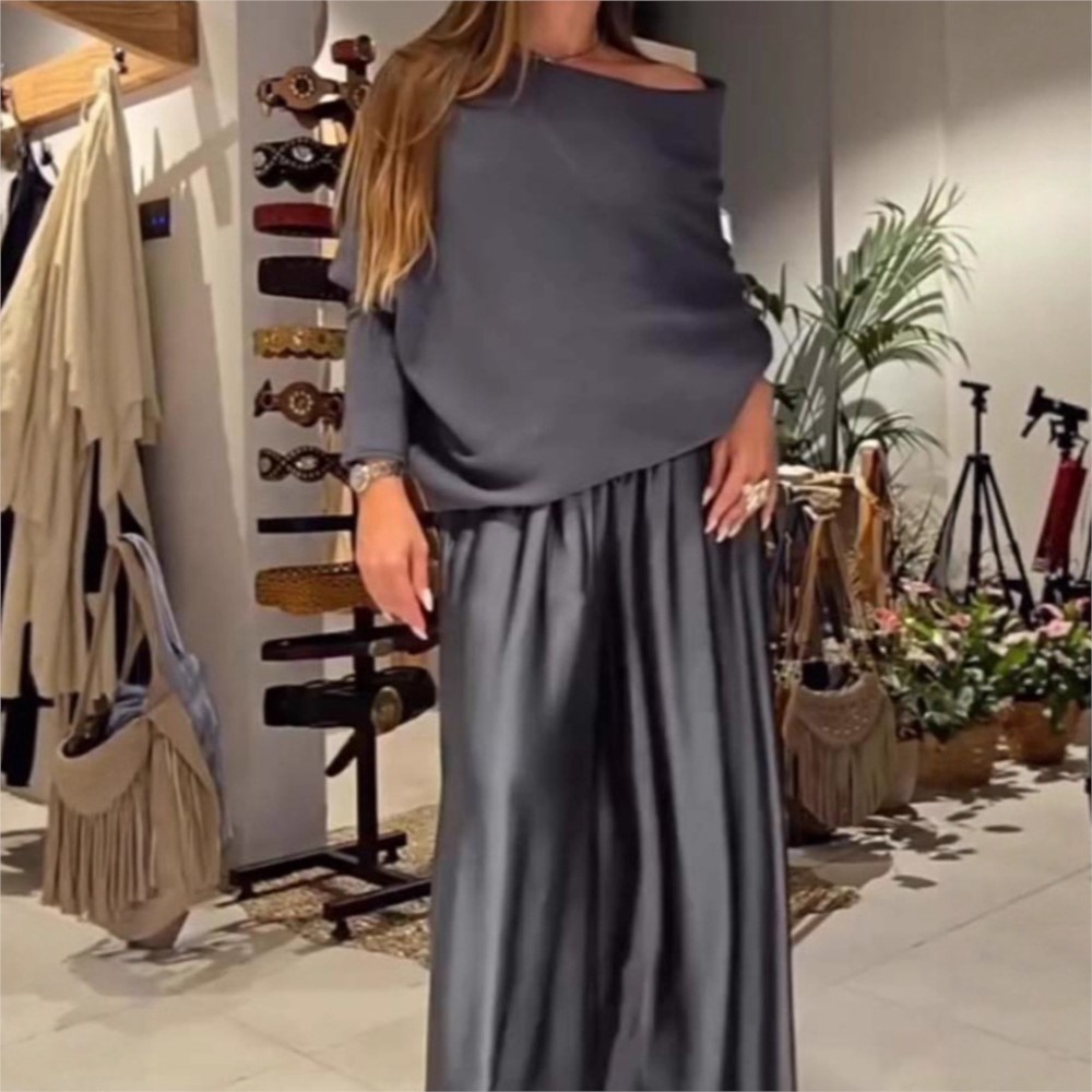 Mode Satin Sexy épaules dénudées femmes à manches longues T-shirt pantalon costume automne élégant femme ample jambe large pantalon 2 pièces ensemble