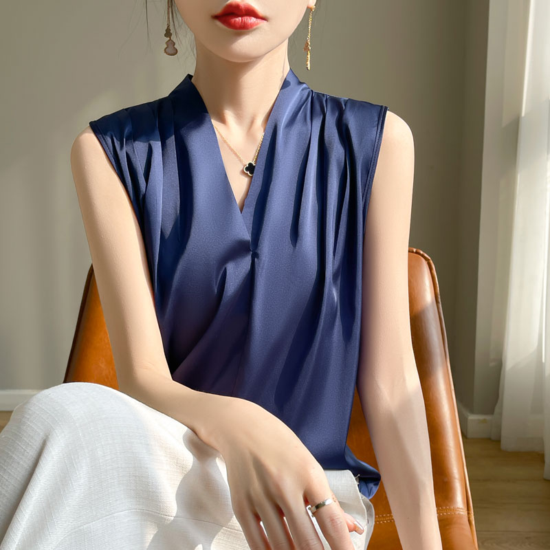Femmes hauts Blouses couleur unie blanc Satin Blouse bureau chemise Blusas sans manches femmes chemises noir blanc femme YTM A31