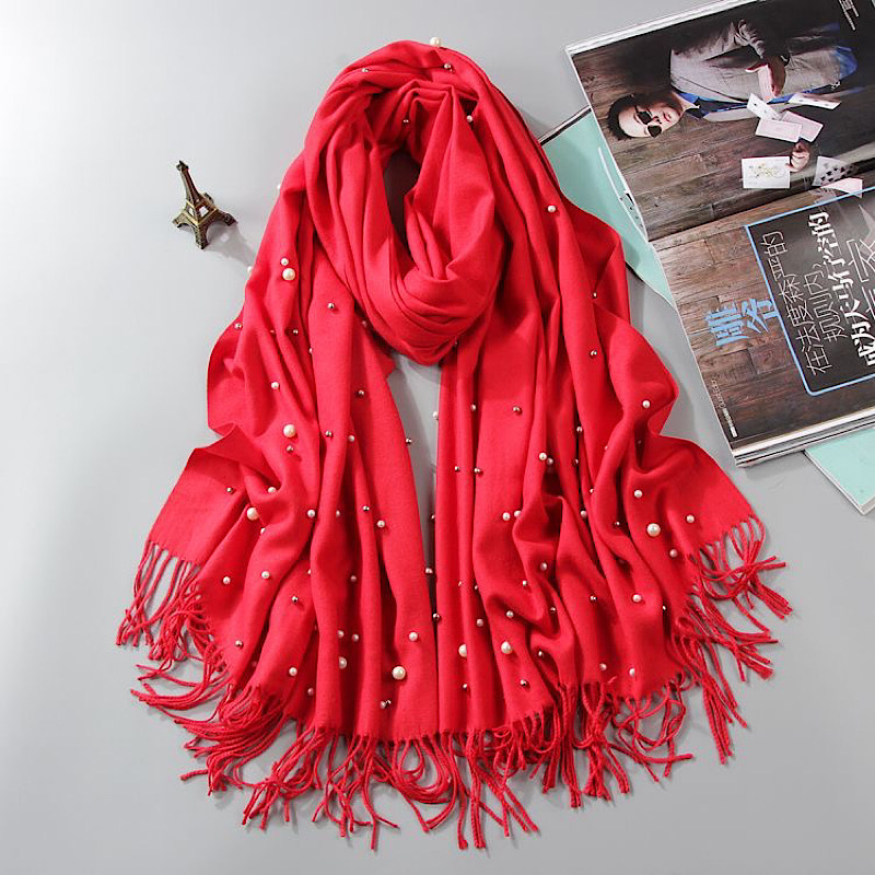 Perles de luxe couleur unie cachemire écharpe femmes hiver chaud Pashmina foulards gland décontracté Bufanda Poncho dame enveloppes châles