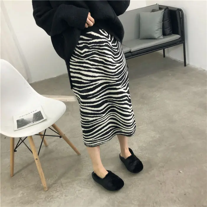 Jupe tricotée couvrant les hanches pour femmes, automne et hiver, droite, Style coréen, taille haute, motif zèbre, fente Double couche
