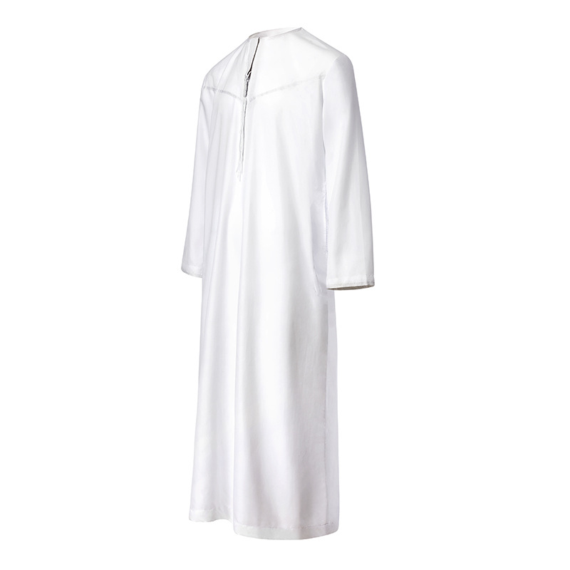 KIDWHXR Jubba Thobe pour homme, couleur unie simple, col rond, robe musulmane ample et confortable à manches longues pour homme