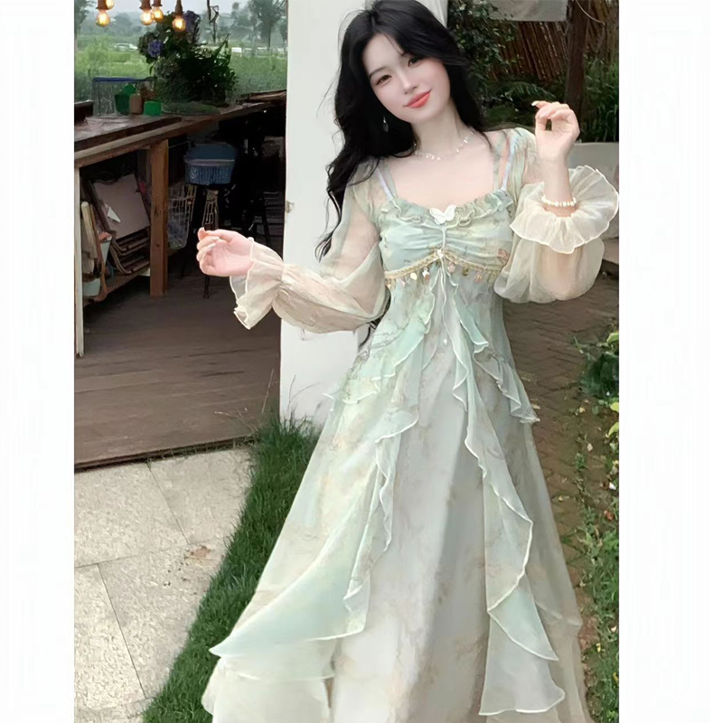 Robe longue de princesse française printemps-été pour femme, coupe ajustée, manches évasées, imprimée, pour soirée, décontractée, à volants, pour vacances en bord de mer, style féerique