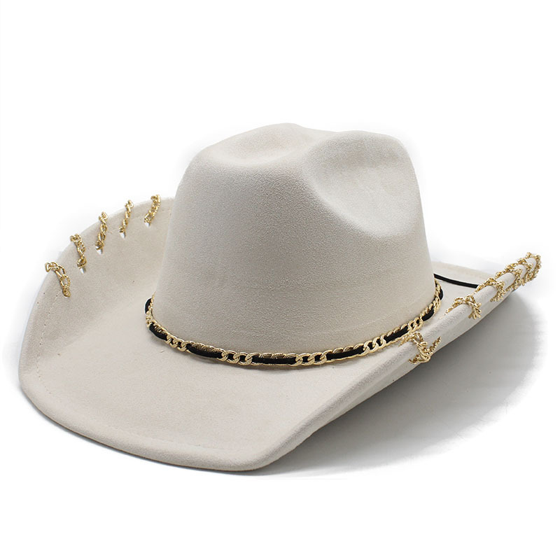 Chapeau de Cowboy occidental tendance pour hommes et femmes, avec chaîne en métal, visière en daim à large bord, casquette de Jazz à la mode