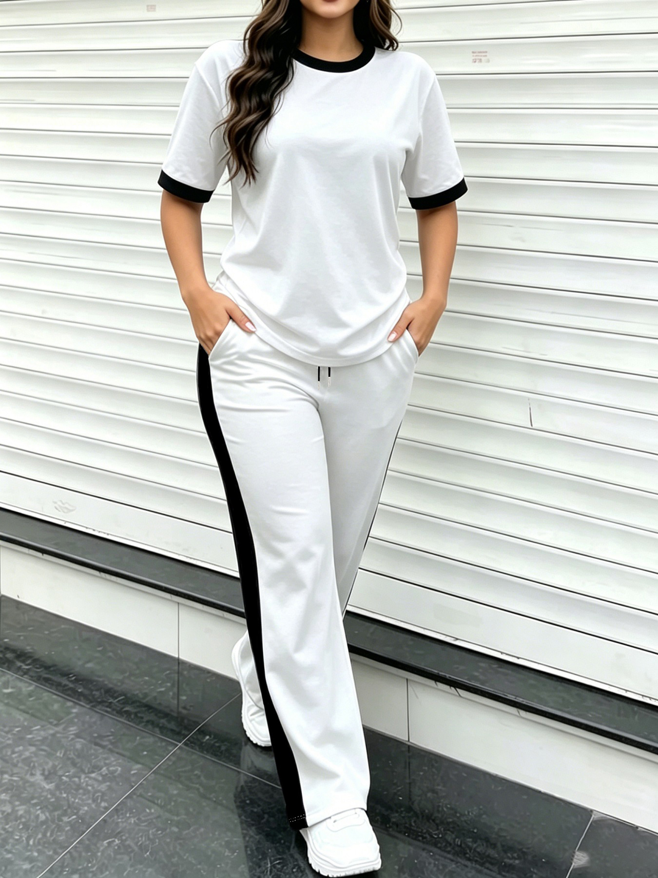 Tenue décontractée polyvalente pour tous les jours, ensemble deux pièces pour femmes de couleur unie, costume pour femmes ample et flatteur, ensemble de jogging à manches courtes et pantalon long, jeune et rajeunissant