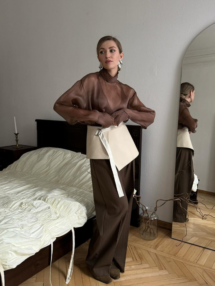 Lady Chic voir à travers la chemise courte décontracté solide col mi-haut à manches longues gaze recadrée Blouse 2026 femmes chemises de rue quotidiennes