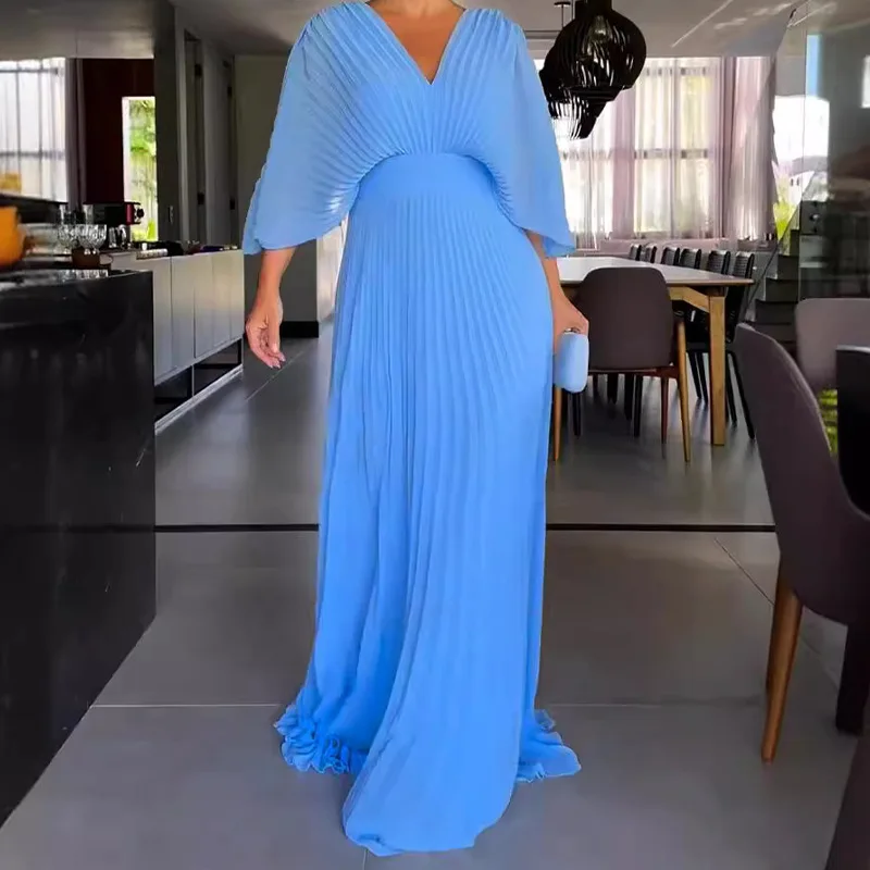 Robe taille haute à manches chauve-souris pour femmes, robe plissée décontractée, version coréenne, document solide, col en V, nouvelle mode, automne, éducatif, Y2k