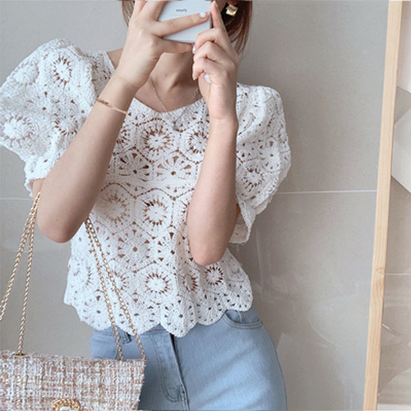 Chemisier à manches bouffantes au crochet amissié pour femme, chemise d'été, pull court, haut à la mode