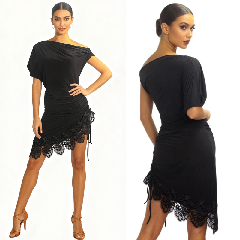 Robe de danse latine noire pour femme, manches courtes, épaules asymétriques, jupe en dentelle, tenue de compétition de Rumba Cha Cha pour scène et salle de bal