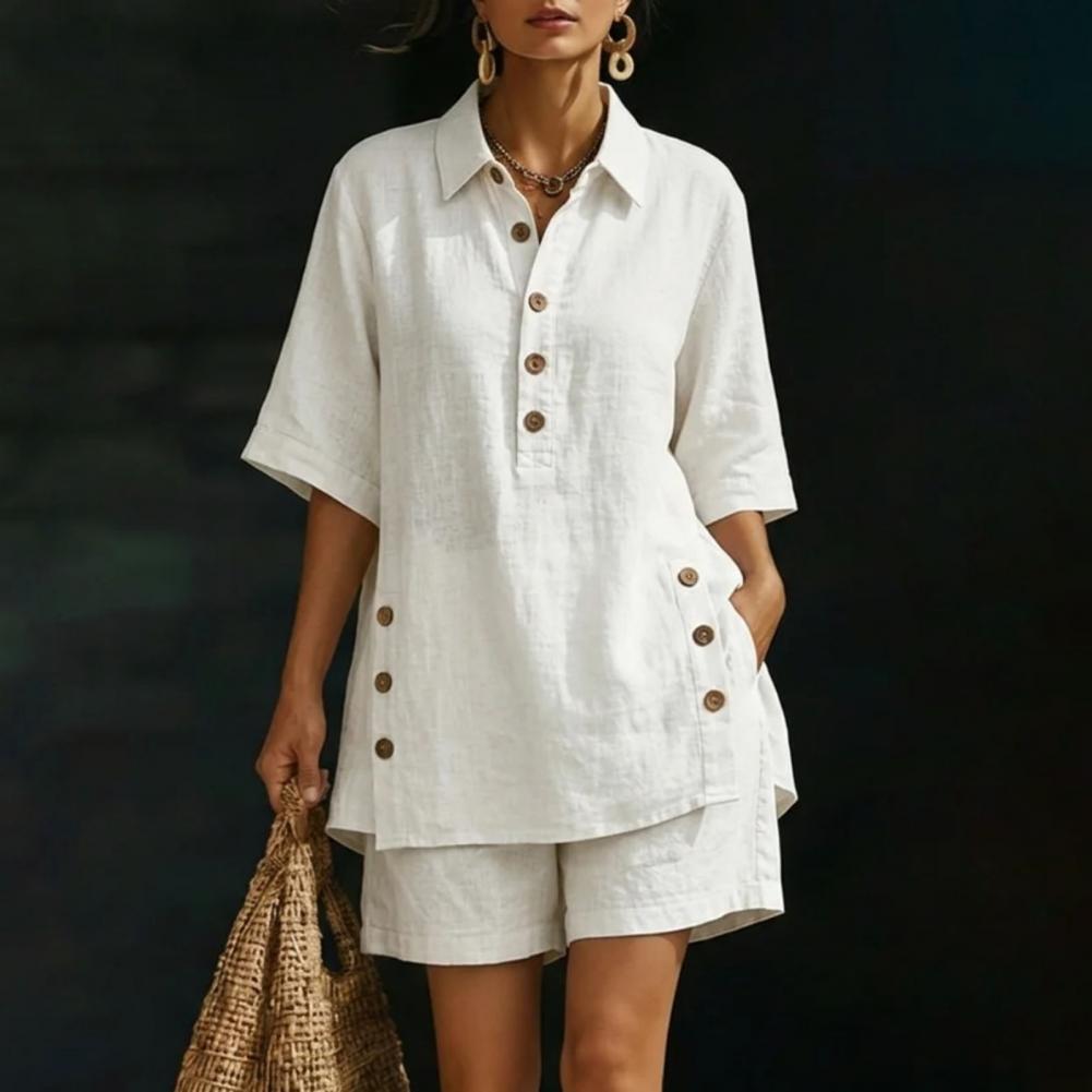 Ensemble en coton et lin pour femmes, chemise à manches courtes boutonnée et short large, tenue 2 pièces, été, décontracté, plage, ensemble de détente