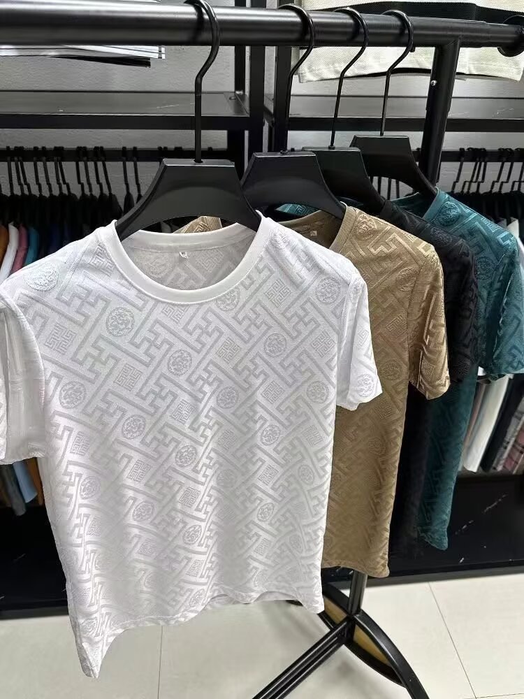 Marque de luxe hommes T-shirts été nouveau glace soie à manches courtes imprimé T-shirt col rond Cool hommes haut Base chemise T-shirts blanc