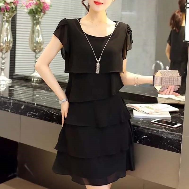 Robe d'été 2026 pour femme, coupe ondulée, volants, unie, manches courtes, ajustée, décontractée, polyvalente, col rond, en mousseline