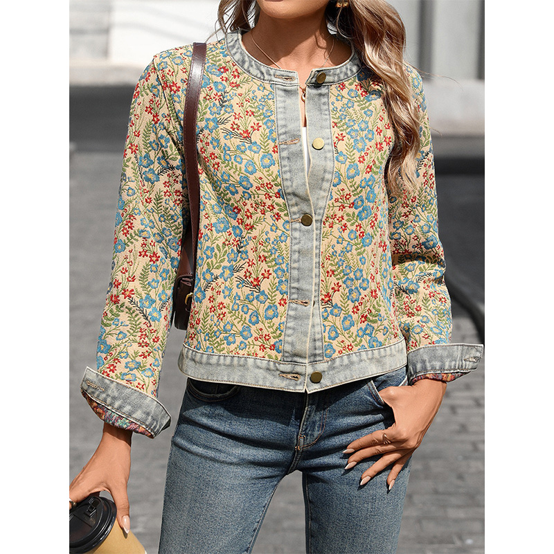 Benuynffy – Nouvelle veste en jean rétro jacquard à manches longues pour femme, col rond, simple boutonnage, décontractée, courte, collection Printemps 2026