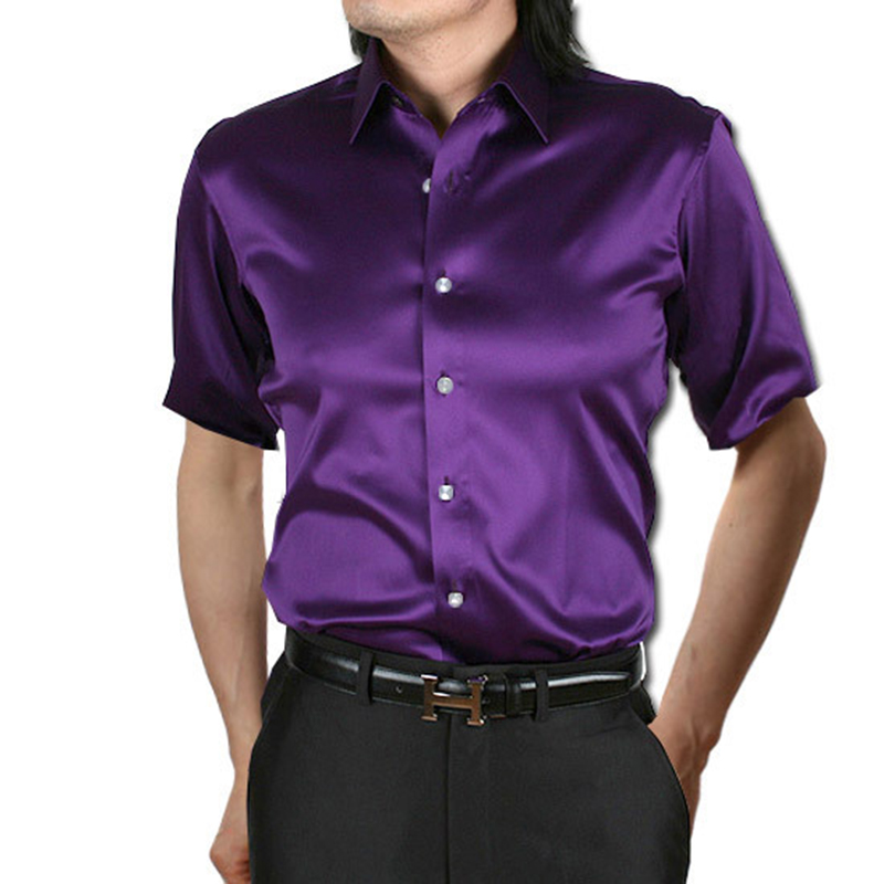 InjSatin-Chemise pour Homme Brillante, Lisse, Confortable, Manches Courtes, Chemise Décontractée, Slim Fit, Spectacle sur Scène, brev
