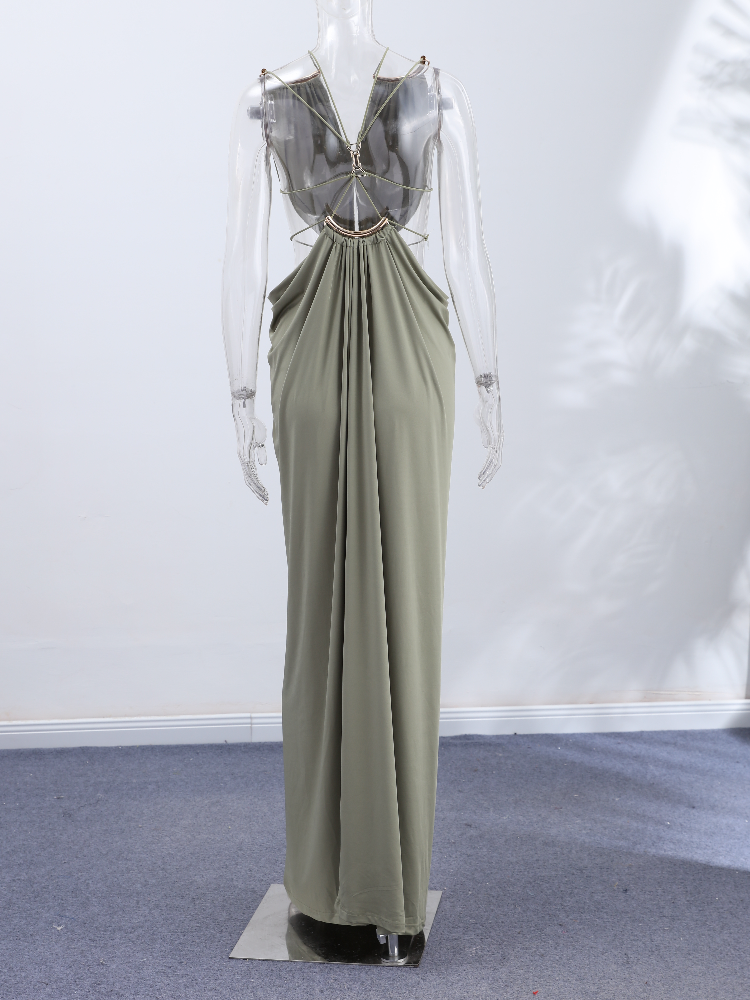 Robe longue sexy à découpes à la taille pour femme, col en V, sans manches, dos nu, style halter, couleur unie, collection été 2026, idéale pour les vacances à la plage