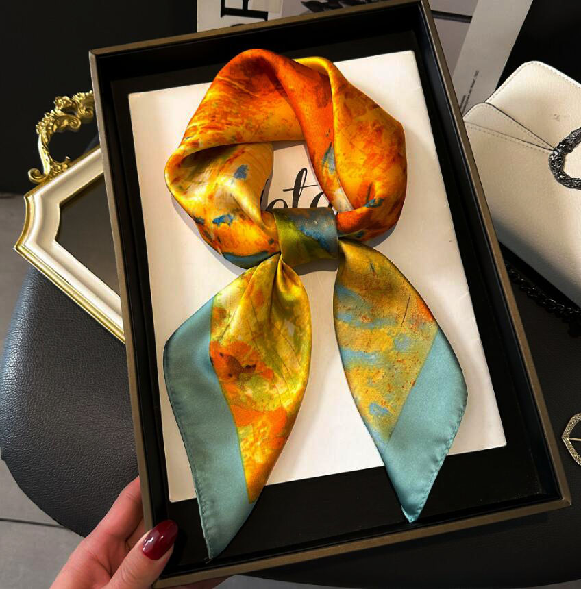 Foulards en soie pour femmes, 70x70cm, avec couvre-chef, accessoires pour cheveux et sacs de filles, écharpe avancée polyvalente, meilleur cadeau de fête, nouvelle mode