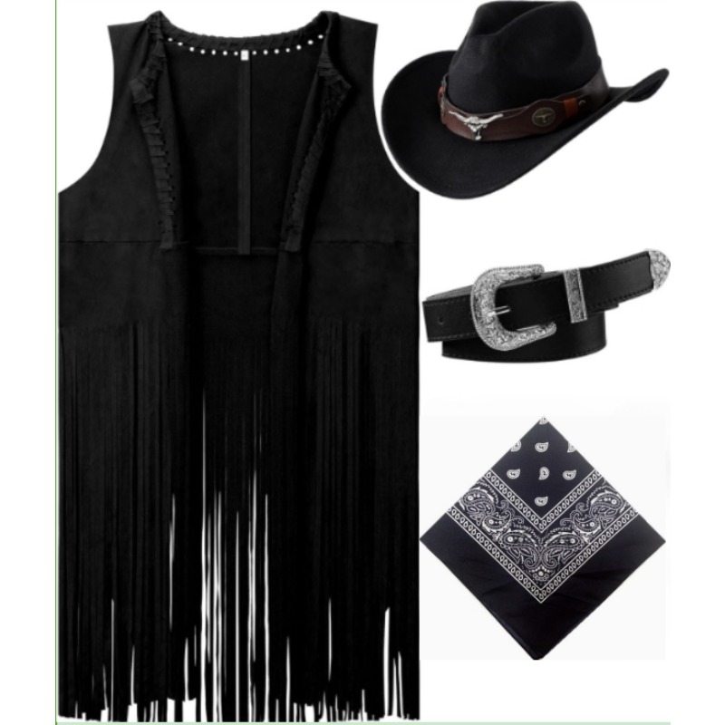 Tenue Western d'Halloween pour Femme : Accessoires de Costume de Cowgirl, Chapeau de Cowboy, Gilet à Franges, Ceinture de Cowboy et Bandana – Style Hippie Années 70