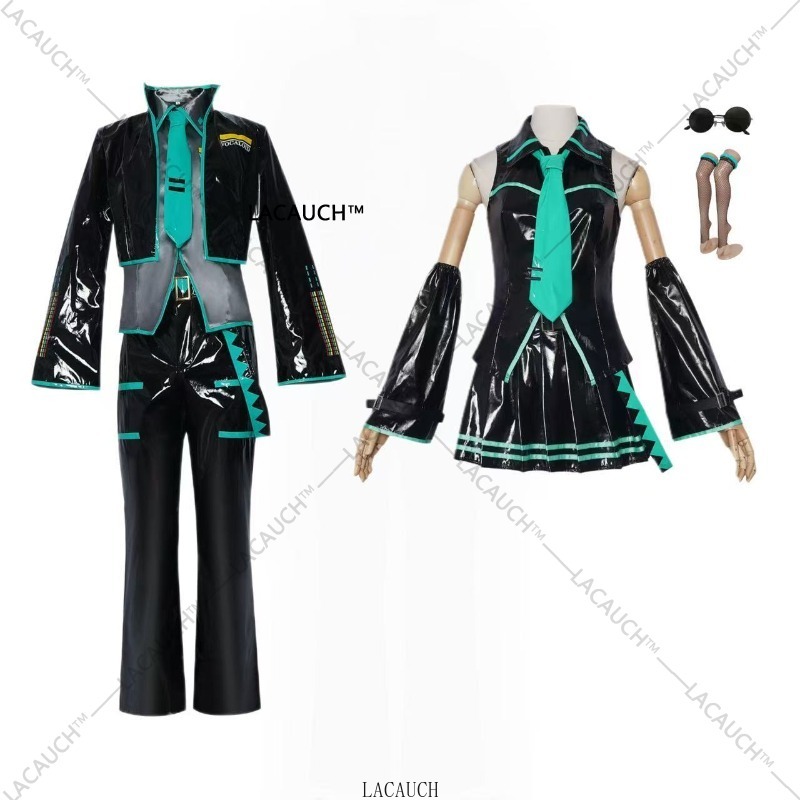 Mikuo – Costume de Cosplay Miku pour hommes, uniforme, perruques, vêtements Anime, veste en cuir PU noir, chemise fantaisie, tenue de fête d'halloween pour femmes et hommes