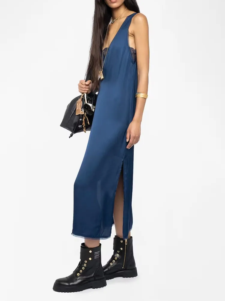 Robe mi-longue en Satin et dentelle pour femmes, 100% Viscose, épissé, col en v, dos nu, fente latérale, pour femmes
