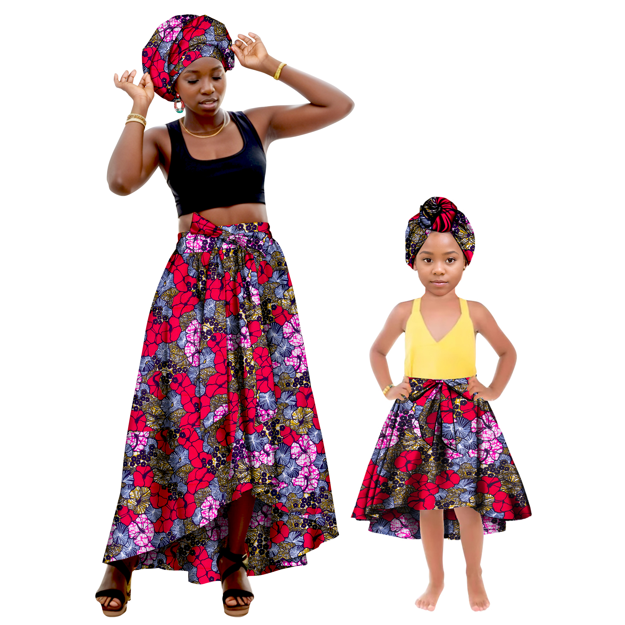 Vêtements assortis pour la famille africaine, mère et fille, bandeau + jupes, robe en coton imprimé africain, jupes de fête pour femmes et filles