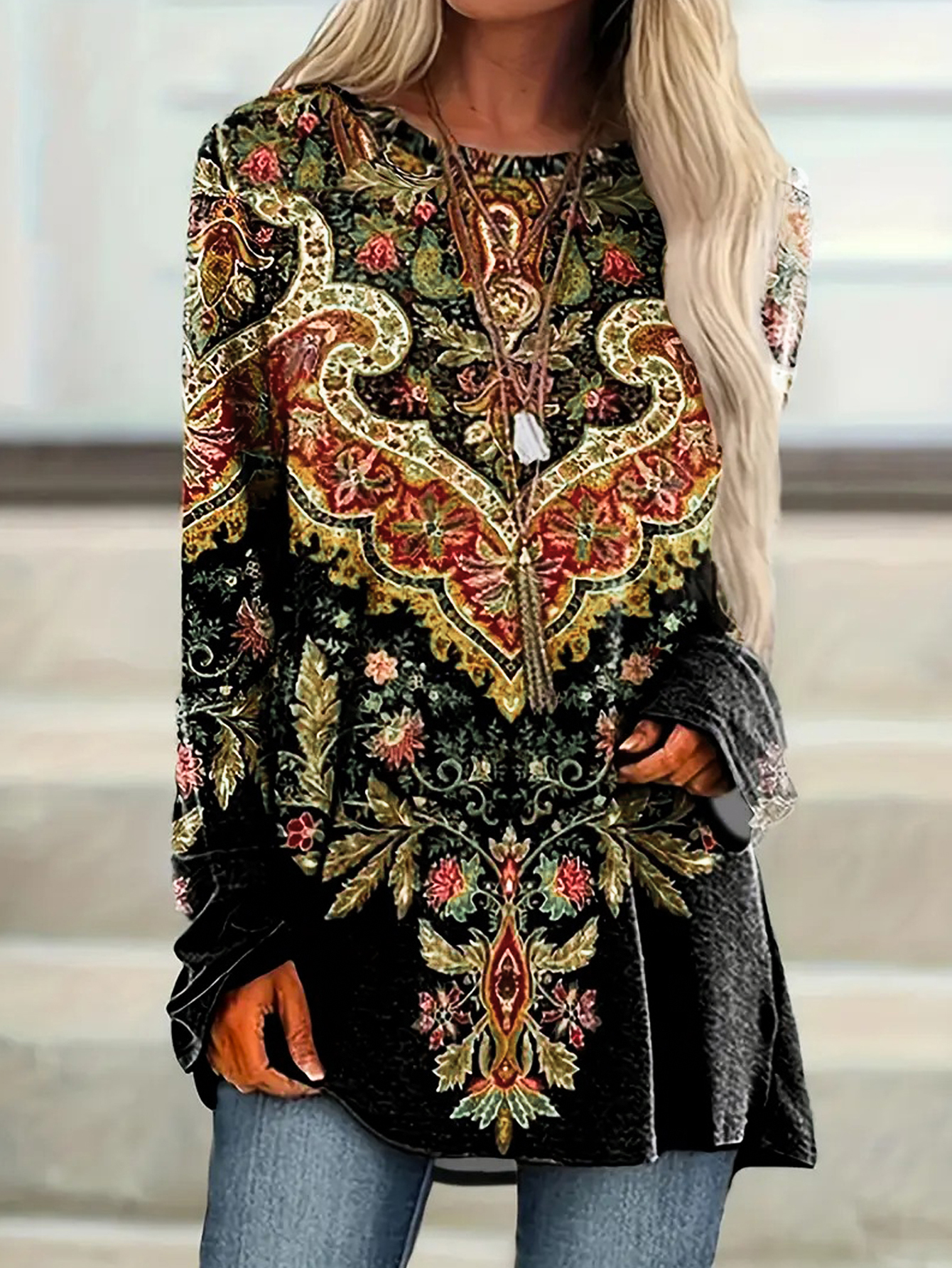T-shirt à fleurs Paisley pour femmes, hauts décontractés à manches longues et col rond, vêtements d'automne et quotidiens décontractés