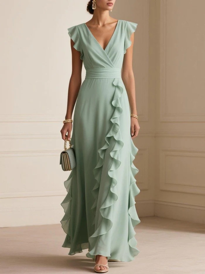 Robe de soirée longue pour femme, sans manches, à volants, coupe A-line, col en V, taille cintrée, plis, robe maxi, été 2026, Vestidos