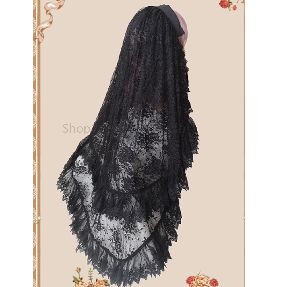 Voile gothique Lolita noir et blanc, longueur coude, maille superposée, écharpe pour cheveux brodée, bandeau en dentelle à la mode