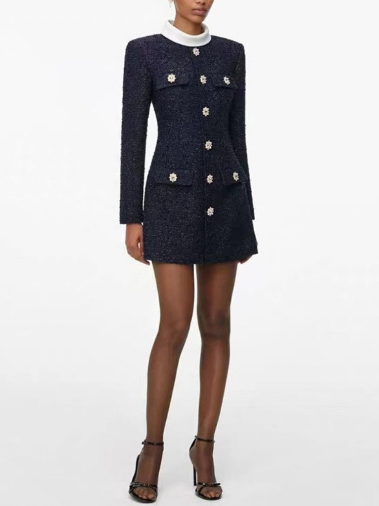 Robe Mini en Tweed pour Femme, Coupe Ajustée, Taille Haute, Col Montant, Manches Longues, Élégante, Coupe Évasée, Style Printemps, Idéale pour le Bureau