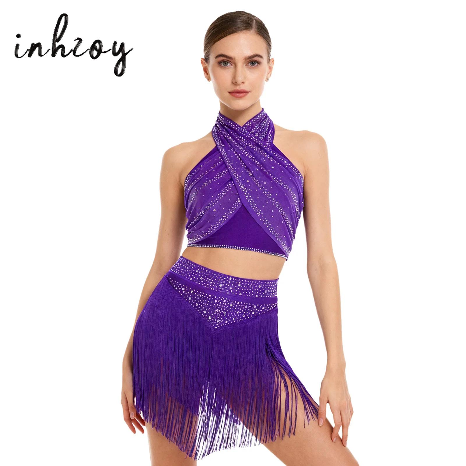 Tenue de danse latine Tango pour femmes, haut court dos nu sans manches + jupe à glands pour salle de bal Jazz Chacha Salsa, Costume de danse