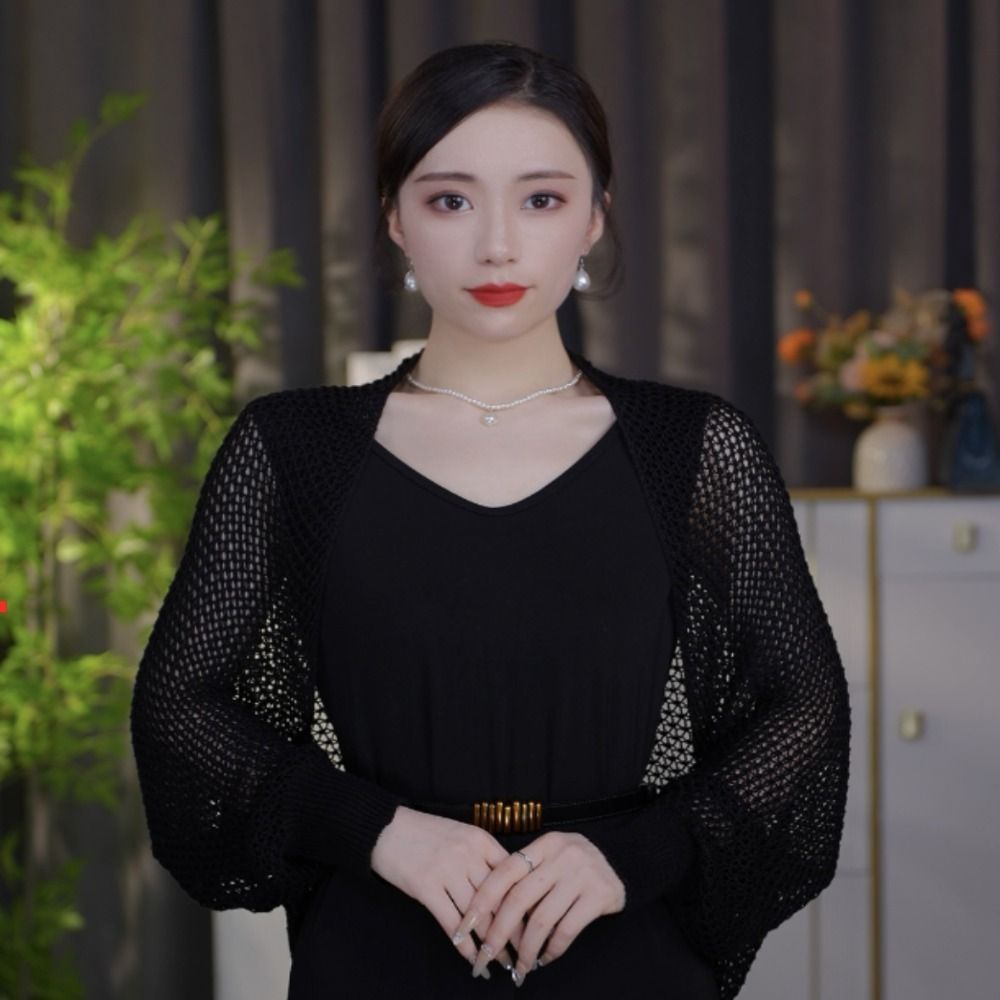 Châle en soie glacée ajourée pour femme, vêtement d'extérieur fin, simple et élégant, haut smock de luxe à manches longues