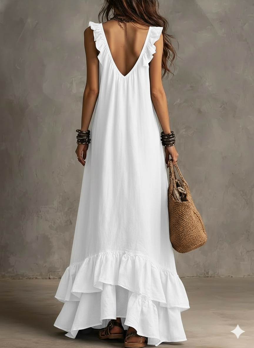 Robe longue décontractée pour femme style bohème européen, débardeur sans manches avec volants, col en V sexy, idéale pour les vacances à la plage