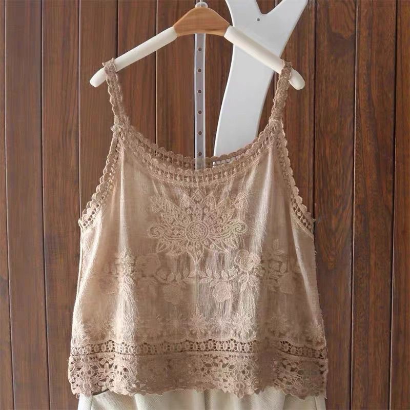 Débardeur Camisole en coton Crochet ajouré pour femmes, Style Boho, dentelle fine brodée, hauts sans manche, T-shirt gris vert, été