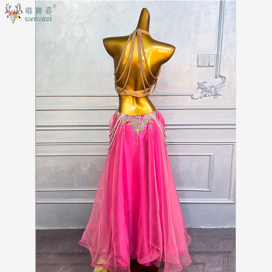 Ensemble de costumes de danse du ventre, personnalisation de luxe, soutien-gorge en diamant + jupe longue fendue Sexy, vêtements de Performance professionnelle orientale, 2 pièces