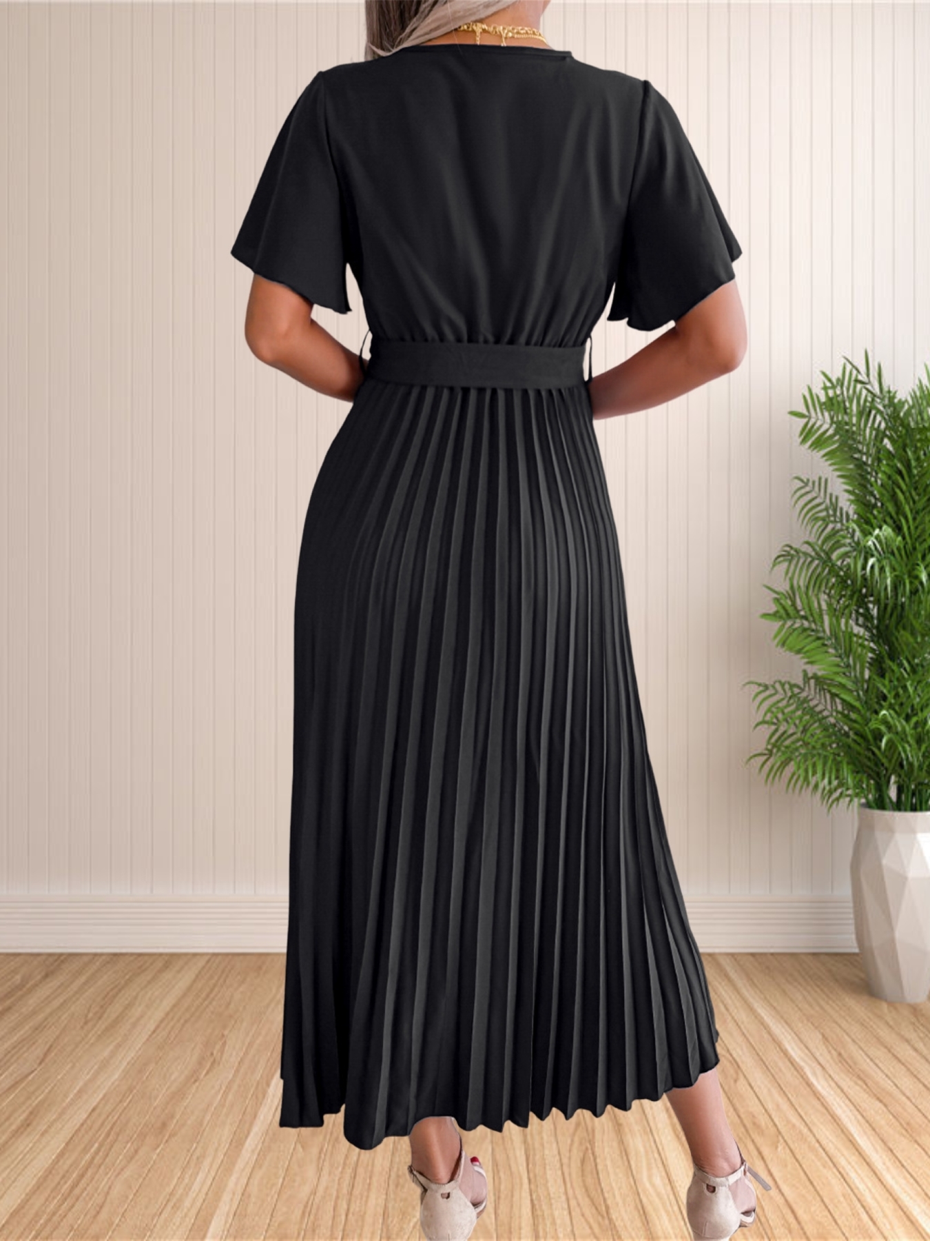 Robe de soirée plissée à manches à volants pour femmes, taille haute, col en V, balançoire, cocktail, longue, maxi, été