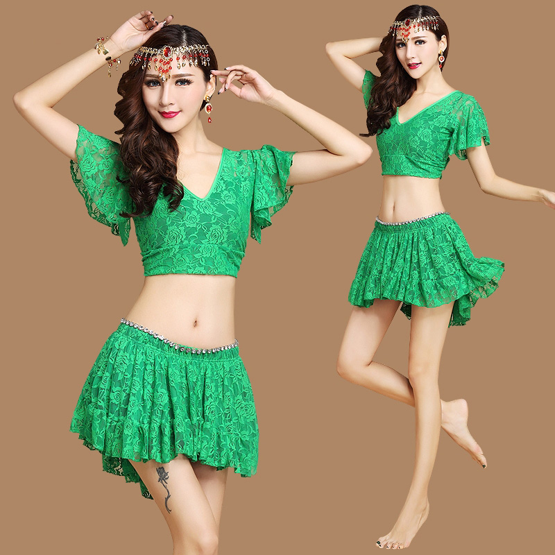 Ensemble de costume de danse du ventre avec jupe, robe en dentelle, manches évasées, col en V, sexy, fête, été