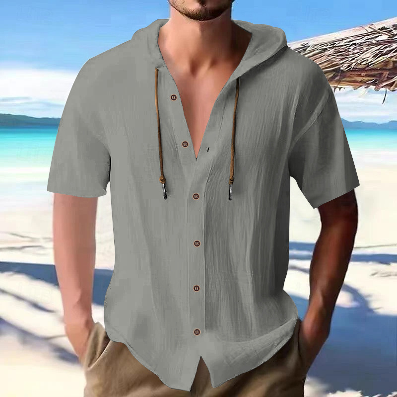 T-shirt homme 2026 décontracté à manches courtes, à capuche, boutonné, style ample, pour la plage, vêtements pour hommes