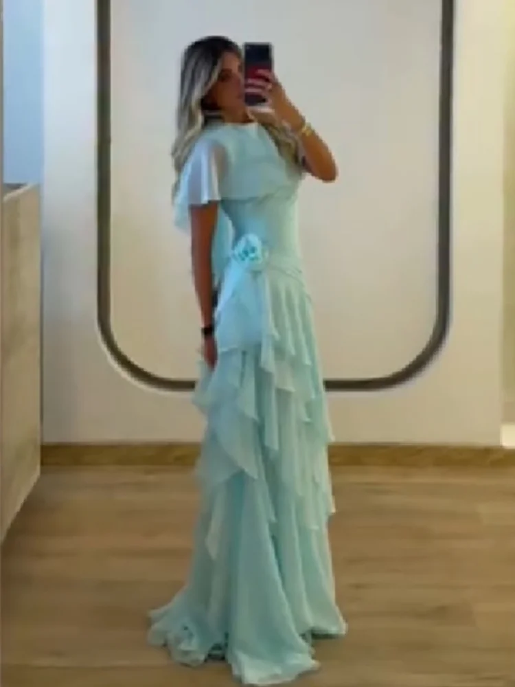Robe de soirée élégante en mousseline pour femme, avec manches cape chic, jupe à volants étagés, fleurs 3D à la taille, Vestidos 2026, robe de soirée formelle