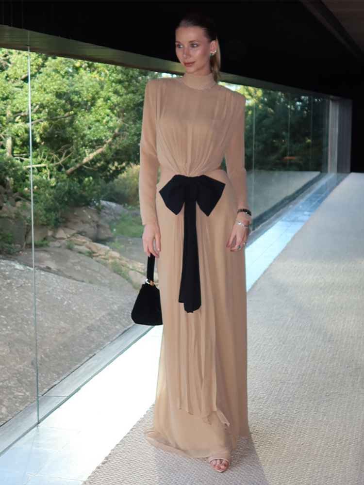 Nouvelle Robe Longue Chic Femme à Col Roulé, Découpes et Nœud, Manches Longues, Dos Nu, Plissée, Coupe Ajustée, pour Soirée et Cérémonie