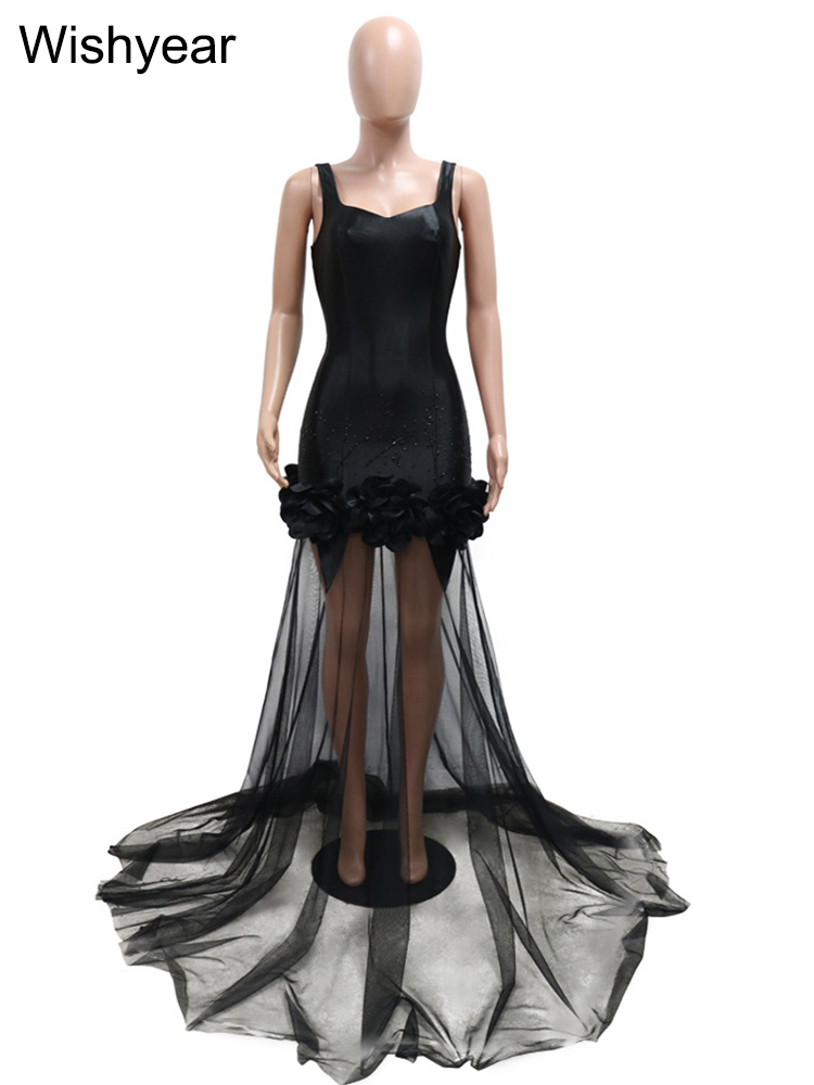 Robe de sirène en maille noire pour femme, robe longue transparente, fleur froncée, biscuits de luxe, robe de cocktail, robe d'anniversaire, robe de soirée de mariage, nouveau