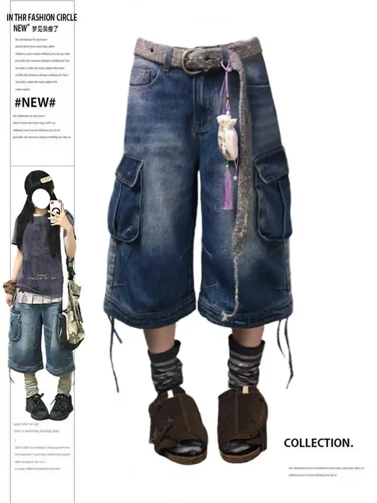 Shorts en jean cargo rétro américain pour femme, style Y2K années 2000, coupe boyfriend, longueur mollet, denim, style japonais Harajuku, mode urbaine