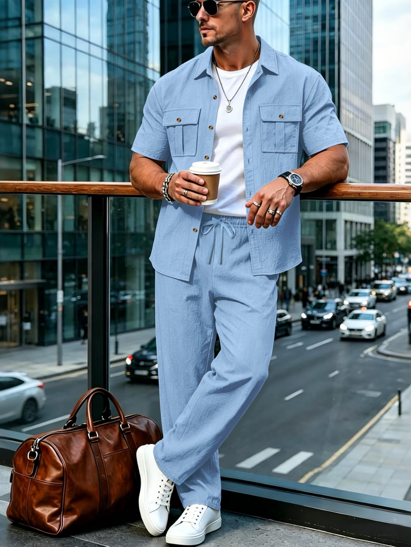 Ensemble chemise et pantalon en coton et lin pour homme, manches courtes, col rabattu, double poche, style décontracté streetwear