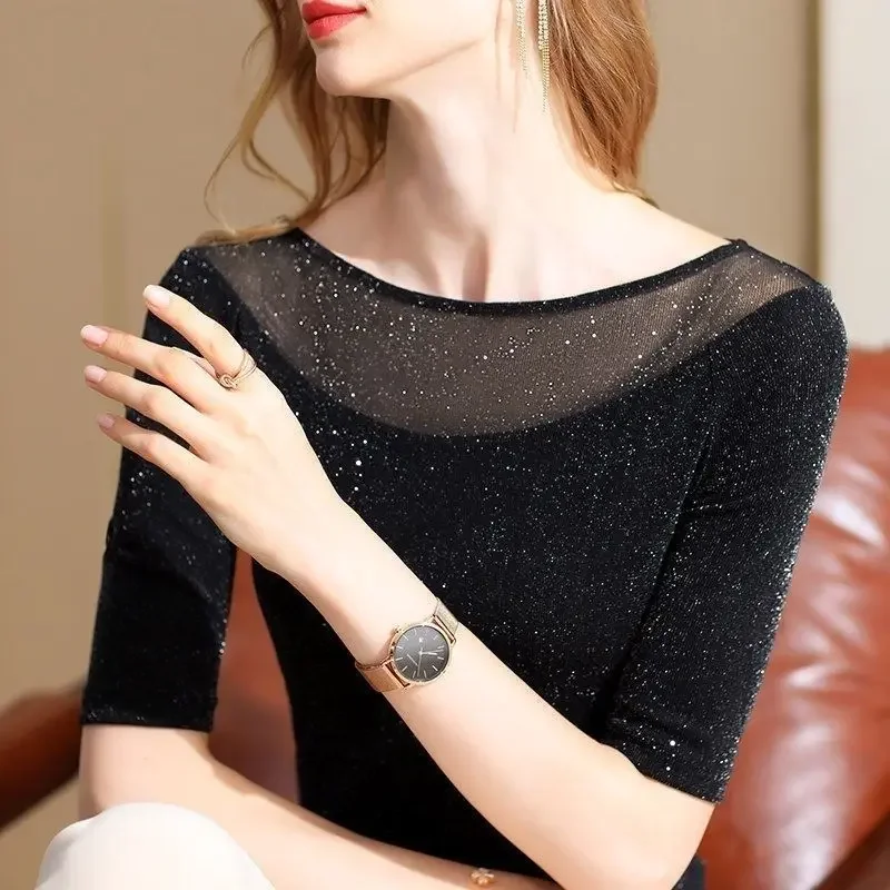 Robe de danse latine pour femme, costume de danse en ligne, hauts de danse latine, tenue de danseuse de salon, chemise moderne pour femme en maille scintillante et brillante