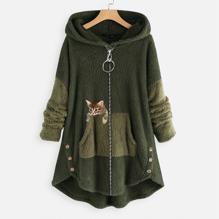 Manteau à capuche veste femmes sweat à capuche Patchwork chat imprimé fermeture éclair épais pardessus Streetwear femme automne hiver vêtements d'extérieur