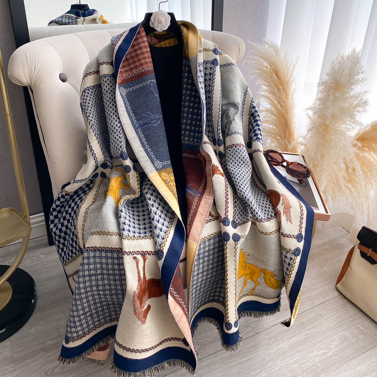 Écharpe imprimée cheval double face en Imitation cachemire pour femme, châle Pashmina doux et chaud, couverture coupe-vent résistante au froid, nouvelle collection automne hiver