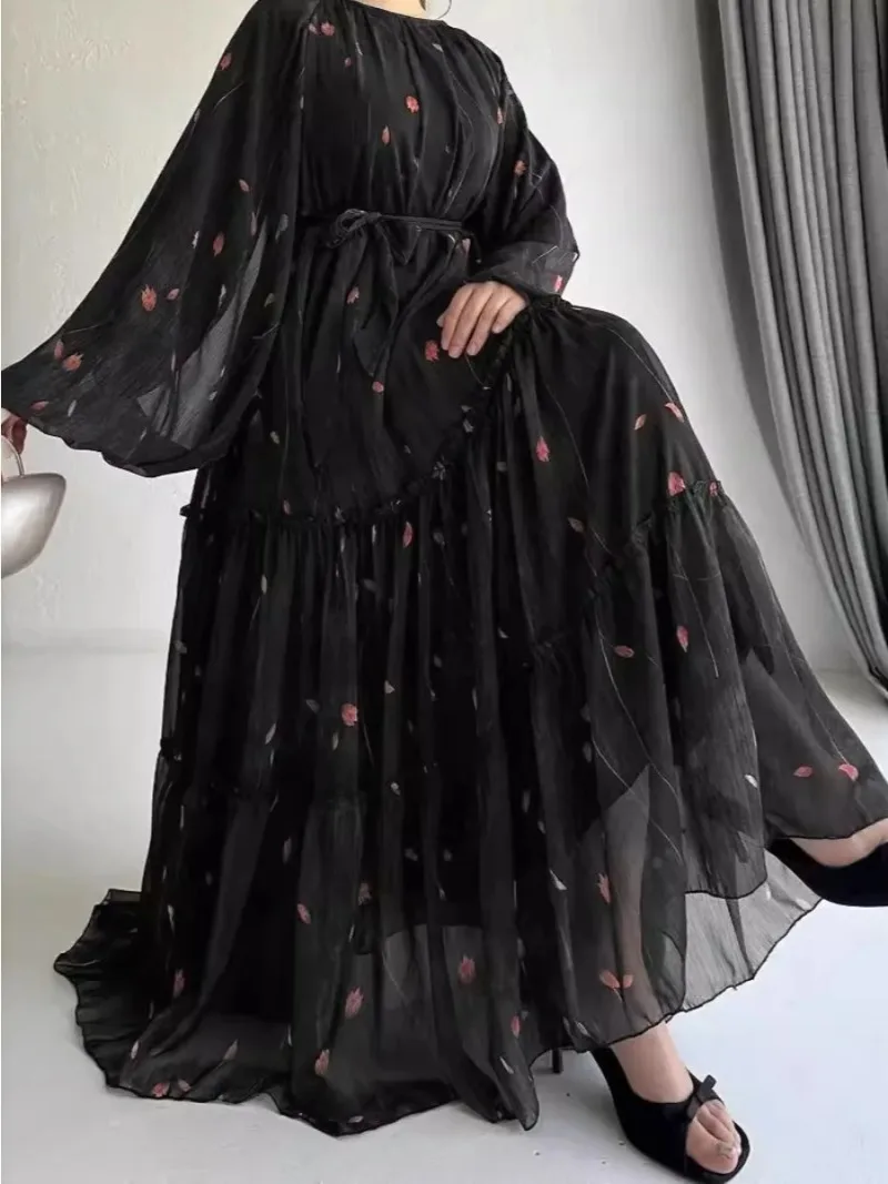 Eid Robe Abaya musulmane pour femmes imprimer ceintures en mousseline de soie Jalabiya caftan Islam arabe longue Robe Ramadan maroc Abayas tenues