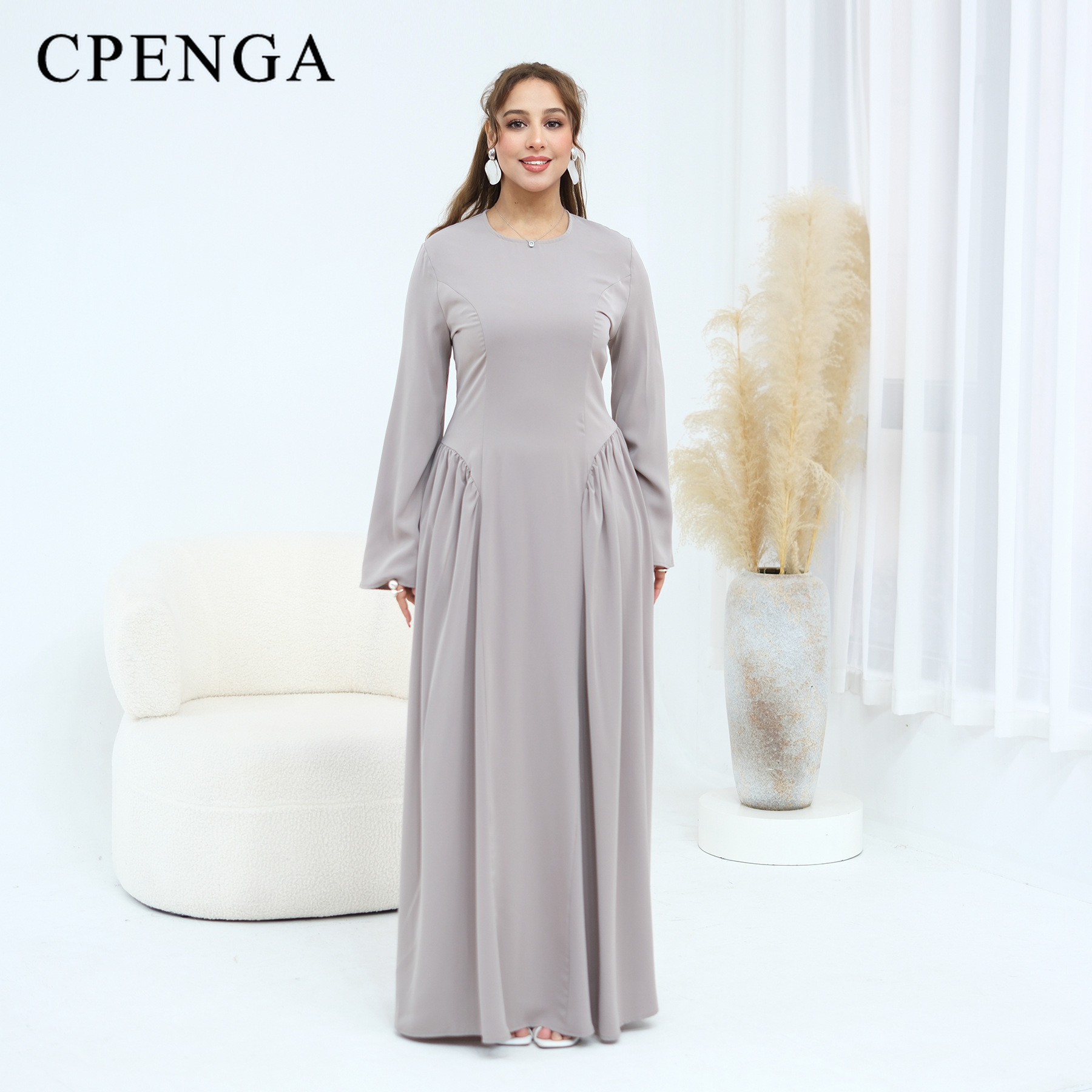 Abaya élégante et modeste pour femmes musulmanes, robe longue unie grande taille avec lien à la taille au dos, tenue islamique décontractée à manches longues pour le Ramadan